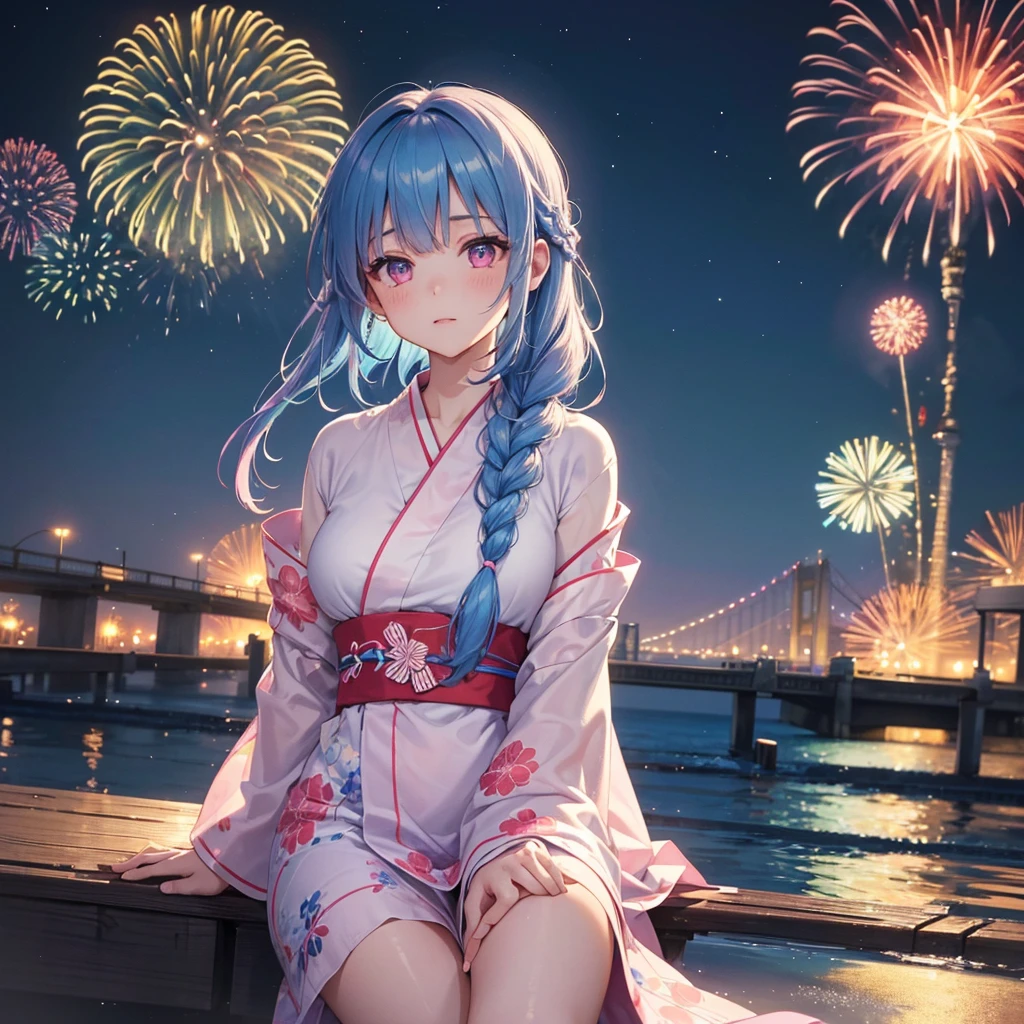 (Sky Blue Medium Hair:1.2), (Braided Hair),(Pink Eyes),Fair skin ,(whole body),(1 girl)、Floral Yukata、summer night、Extra-large fireworks filling the night sky、Huge fireworks launched from the sea、Watching the fireworks while sitting next to each other、Straight bangs,(masterpiece, Highest quality, Very detailed, Best Shadow), (Detailed Background), (Beautifully detailed face), High Contrast, (Best lighting, Very delicate and beautiful), ((Cinematic Light)), colorful, Hyper Detail 8k, Dramatic Light, Intricate details,Fireworks reflected on the water surface、