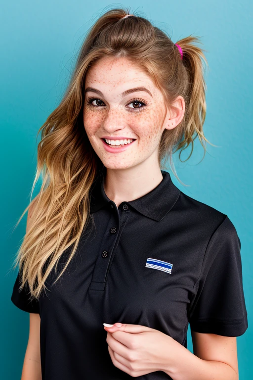 portrait photograph of fay3, a woman with a black polo shirt smiling for a picture in a studio photo with (a blue background:1.3), hair in a ponytail, (freckles:0.8), id photo, high school background, depth of field, f22, detailed skin texture, (blush:0.5), (goosebumps:0.5), subsurface scattering