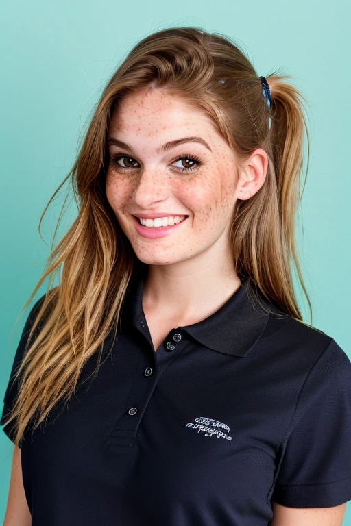 portrait photograph of fay3, a woman with a black polo shirt smiling for a picture in a studio photo with (a blue background:1.3), hair in a ponytail, (freckles:0.8), id photo, high school background, depth of field, f22, detailed skin texture, (blush:0.5), (goosebumps:0.5), subsurface scattering