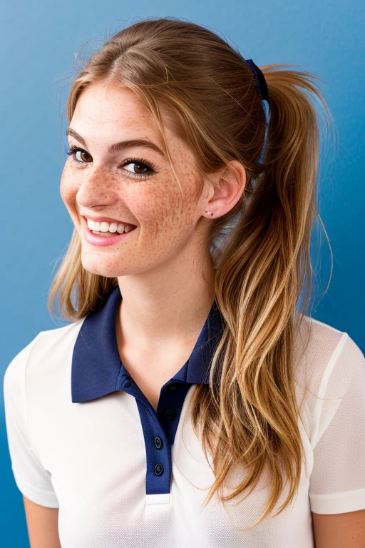 portrait photograph of fay3, a woman with a black polo shirt smiling for a picture in a studio photo with (a blue background:1.3), hair in a ponytail, (freckles:0.8), id photo, high school background, depth of field, f22, detailed skin texture, (blush:0.5), (goosebumps:0.5), subsurface scattering