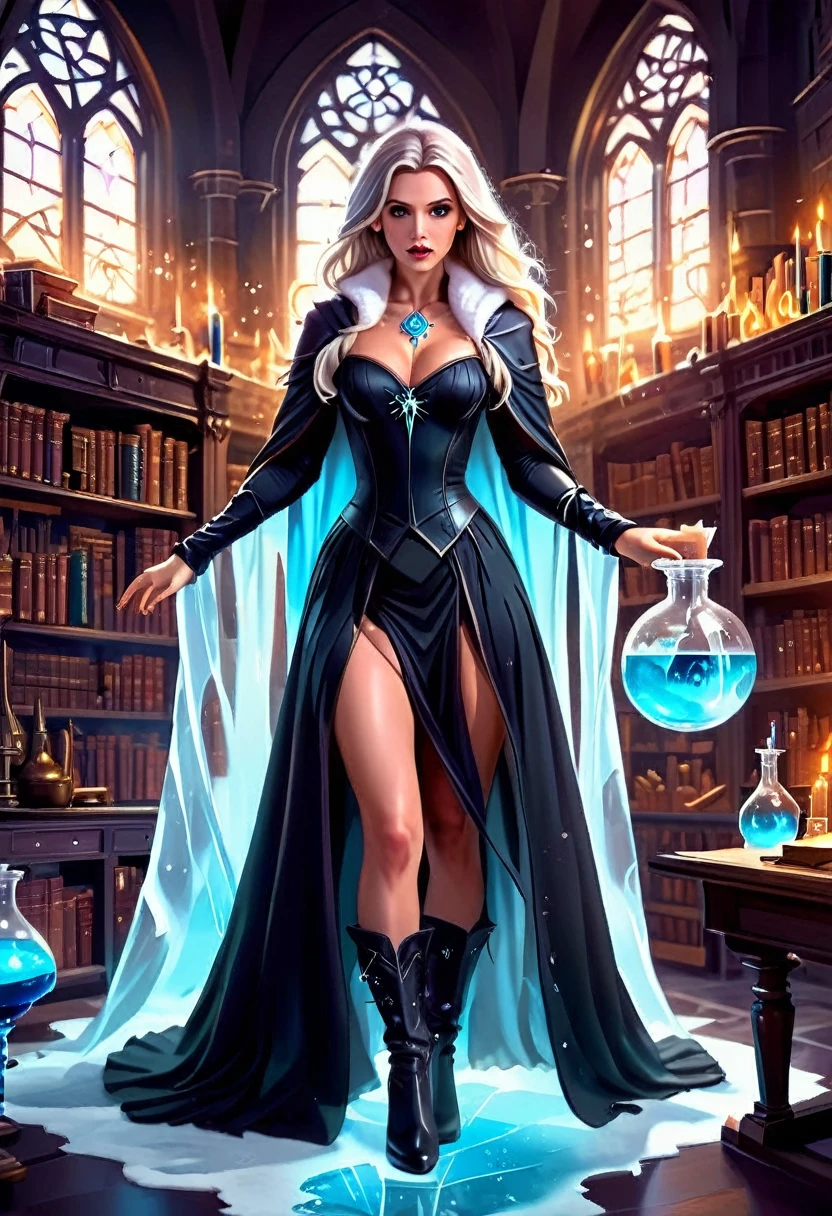 a sorceress casting a IceMagicAII spell in magical library exquisite beautiful human woman ((full body shot: 1.5)), ((anatomically correct: 1.5)) (ultra detailed face: 1.2), dynamic skin complexion, dynamic hair style, dynamic hair color,  she is wearing a long dark dress, intricate dark dress, small cleavage, long white cloak, (high heeled boots: 1.3), manipulating icy magic, controlling icy runes,  fantasy magical laboratory, books, potions, and magical study items,  background,  vibrant, Ultra-high resolution, High Contrast, (masterpiece:1.5), highest quality, Best aesthetics), best details, best quality, highres, 16k, [ultra detailed], masterpiece, best quality, (extremely detailed) RAW, fantasy art, dnd art, fantasy art, realistic art,  (ultra details, Masterpiece, best quality), IceMagicAI, Cinematic Hollywood Film, Intense gaze