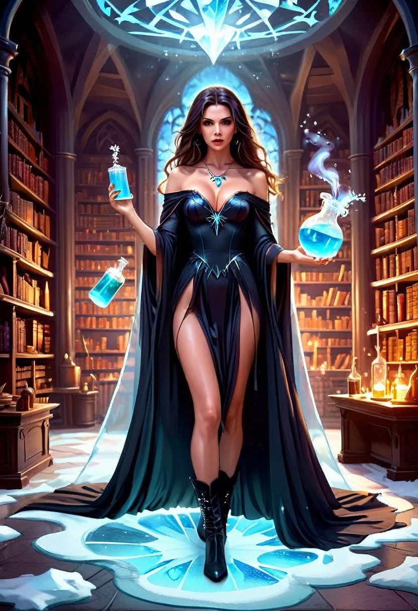 a sorceress casting a IceMagicAII spell in magical library exquisite beautiful human woman ((full body shot: 1.5)), ((anatomically correct: 1.5)) (ultra detailed face: 1.2), dynamic skin complexion, dynamic hair style, dynamic hair color,  she is wearing a long dark dress, intricate dark dress, small cleavage, long white cloak, (high heeled boots: 1.3), manipulating icy magic, controlling icy runes,  fantasy magical laboratory, books, potions, and magical study items,  background,  vibrant, Ultra-high resolution, High Contrast, (masterpiece:1.5), highest quality, Best aesthetics), best details, best quality, highres, 16k, [ultra detailed], masterpiece, best quality, (extremely detailed) RAW, fantasy art, dnd art, fantasy art, realistic art,  (ultra details, Masterpiece, best quality), IceMagicAI, Cinematic Hollywood Film, Intense gaze