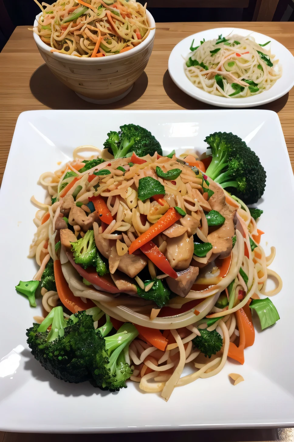 A PICTURE OF Yakisoba ON A PLATE WITH INGREDIENTS oriental noodles, with CUBE meat and CUBE chicken. Accompanied by fresh vegetables (broccoli, onion, SLICED carrot , SLICED bell pepper, chard and cabbage IN A MARQUITA ON THE TABLE WITHOUT ANY ACCESSORIES ON THE TABLE
