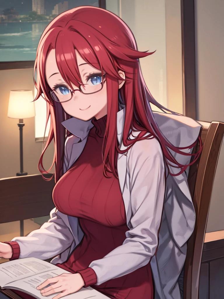 One Girl、Red Hair、long hair、Hair between the eyes、Blue Eyes、Red turtleneck sweater、Glasses、Big Breasts、Sit on a chair、reading、Watching the audience、Smiling、Angle from the side、