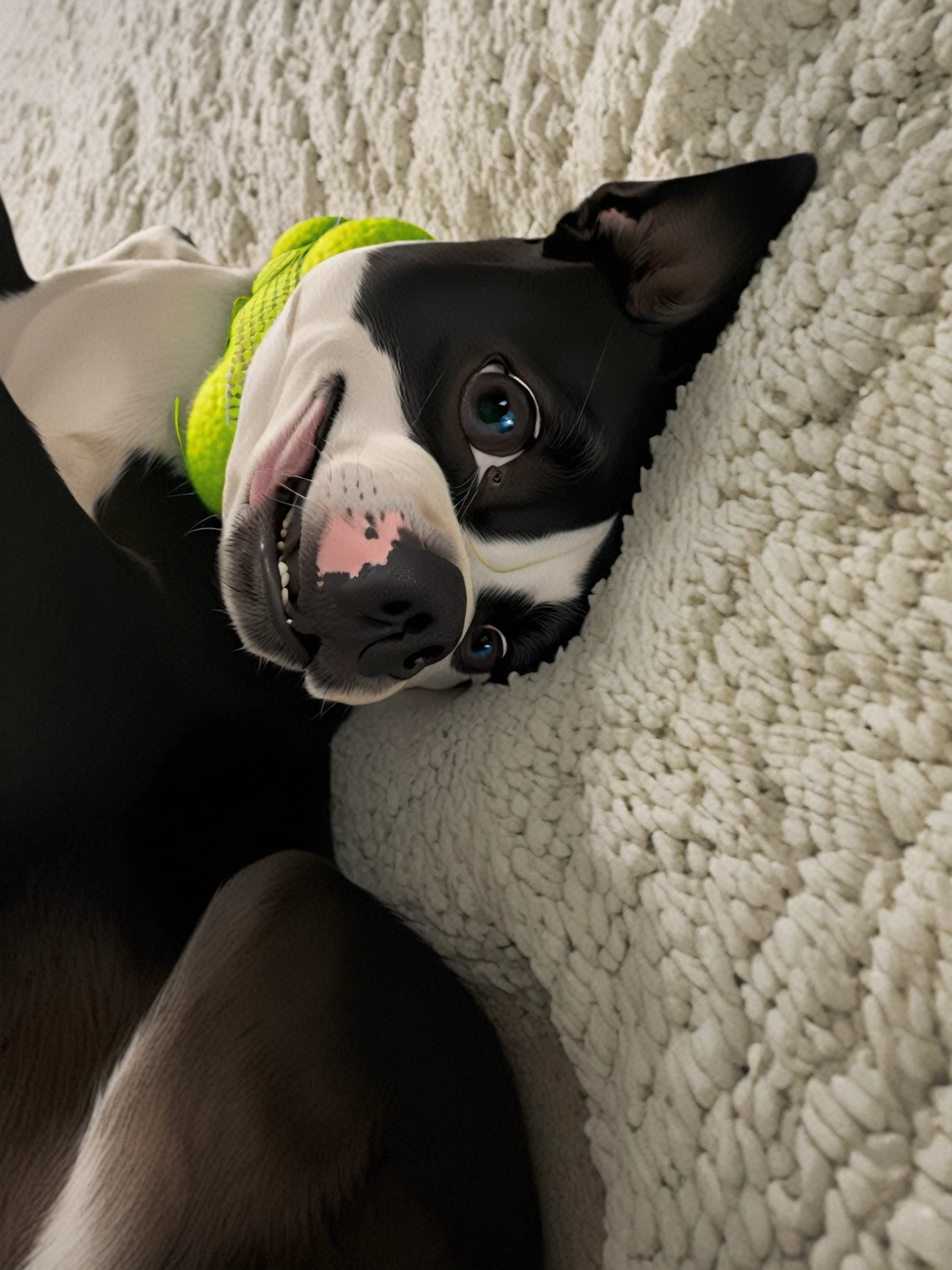 Convert image into cartoon add a green tennis ball in her mouth. 