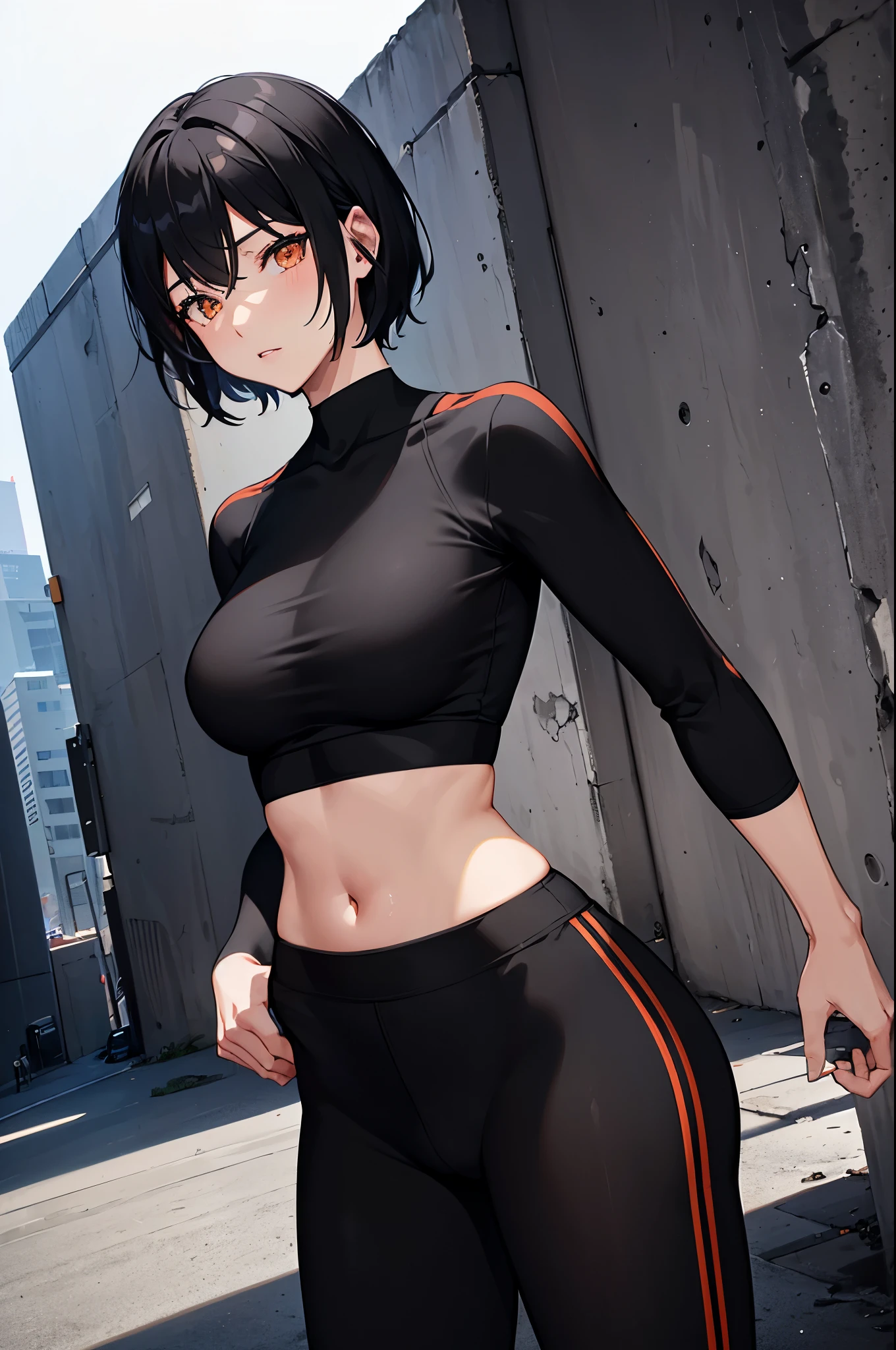1woman, short black hair, orange eyes, tall, black yoga pants, black sports bra, standing on ground, high res, ultra sharp, 8K, masterpiece