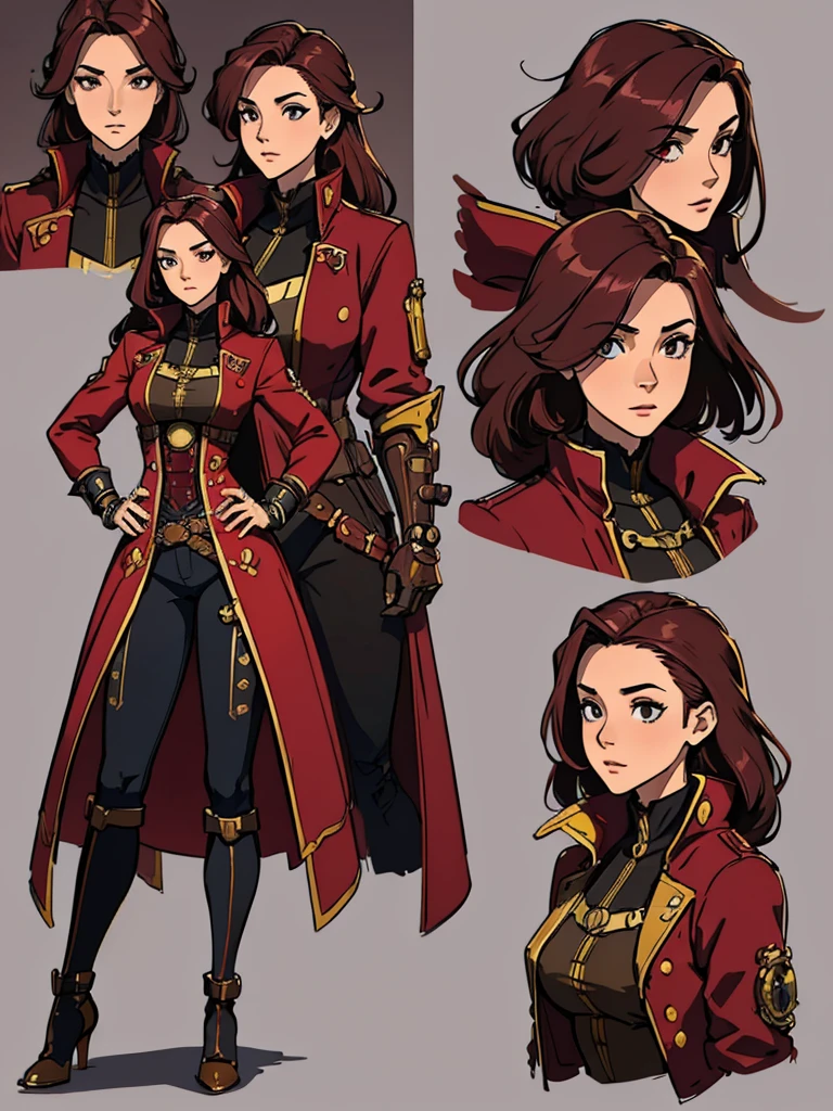 (masterpiece, best quality, character design plug, character reference sheet, concept art, same character, detailed face, super detailed, advanced details, highest quality, high resolution, 8K) full body female wearing a maroon and gold and futuristic modern navigator pirate steampunk short coat, Portugal theme, long maroon hair, light grey background color
