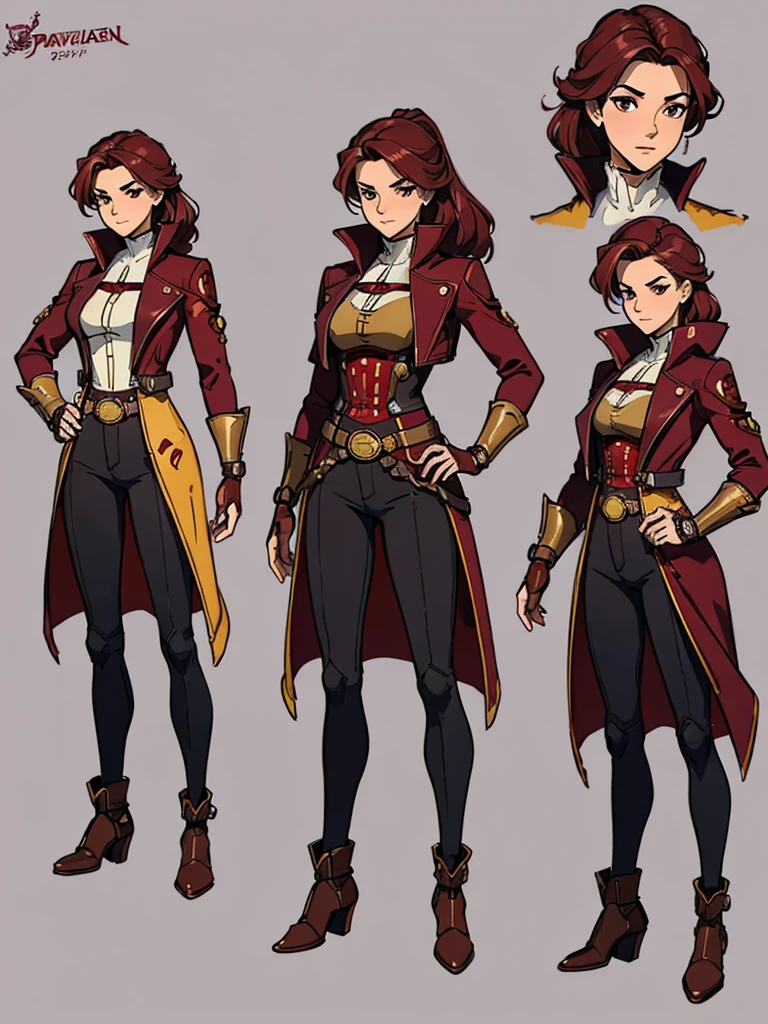 (masterpiece, best quality, character design plug, character reference sheet, concept art, same character, detailed face, super detailed, advanced details, highest quality, high resolution, 8K) full body female wearing a maroon and gold and futuristic modern navigator pirate steampunk short coat, Portugal theme, long maroon hair, light grey background color
