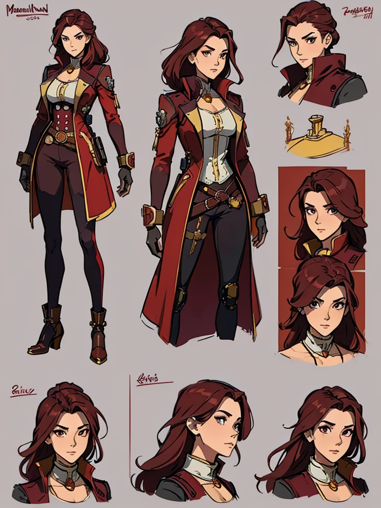 (masterpiece, best quality, character design plug, character reference sheet, concept art, same character, detailed face, super detailed, advanced details, highest quality, high resolution, 8K) full body female wearing a maroon and gold and futuristic modern navigator pirate steampunk short coat, Portugal theme, long maroon hair, light grey background color
