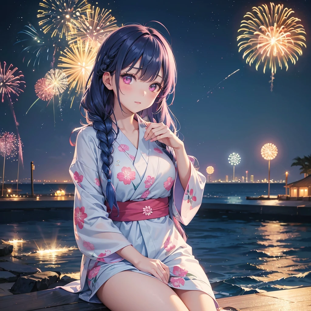 (Sky Blue Medium Hair:1.2), (Braided Hair),(Pink Eyes),Fair skin ,(whole body),(1 girl)、Floral Yukata、summer night、Extra-large fireworks filling the night sky、Huge fireworks launched from the sea、Watching the fireworks while sitting next to each other、Straight bangs,(masterpiece, Highest quality, Very detailed, Best Shadow), (Detailed Background), (Beautifully detailed face), High Contrast, (Best lighting, Very delicate and beautiful), ((Cinematic Light)), colorful, Hyper Detail 8k, Dramatic Light, Intricate details,Fireworks reflected on the water surface、