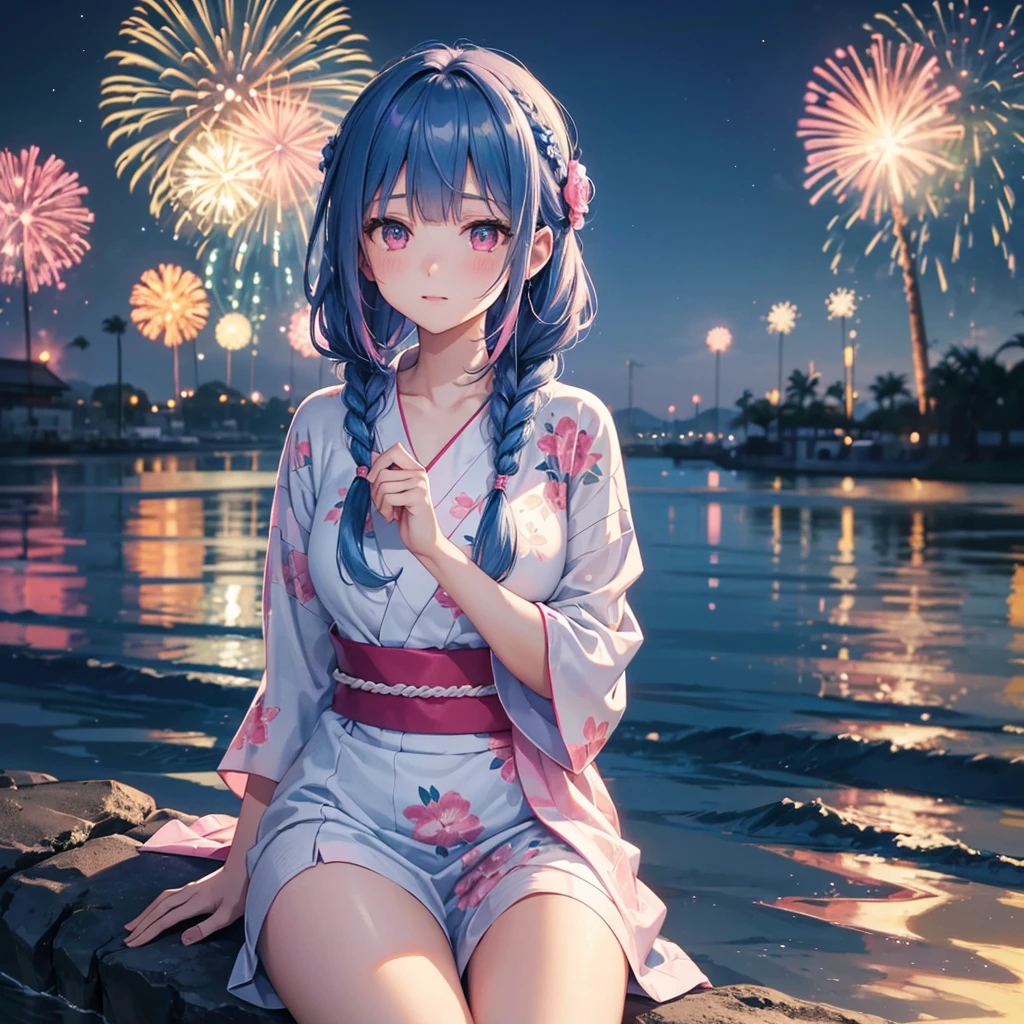 (Sky Blue Medium Hair:1.2), (Braided Hair),(Pink Eyes),Fair skin ,(whole body),(1 girl)、Floral Yukata、summer night、Extra-large fireworks filling the night sky、Huge fireworks launched from the sea、Watching the fireworks while sitting next to each other、Straight bangs,(masterpiece, Highest quality, Very detailed, Best Shadow), (Detailed Background), (Beautifully detailed face), High Contrast, (Best lighting, Very delicate and beautiful), ((Cinematic Light)), colorful, Hyper Detail 8k, Dramatic Light, Intricate details,Fireworks reflected on the water surface、