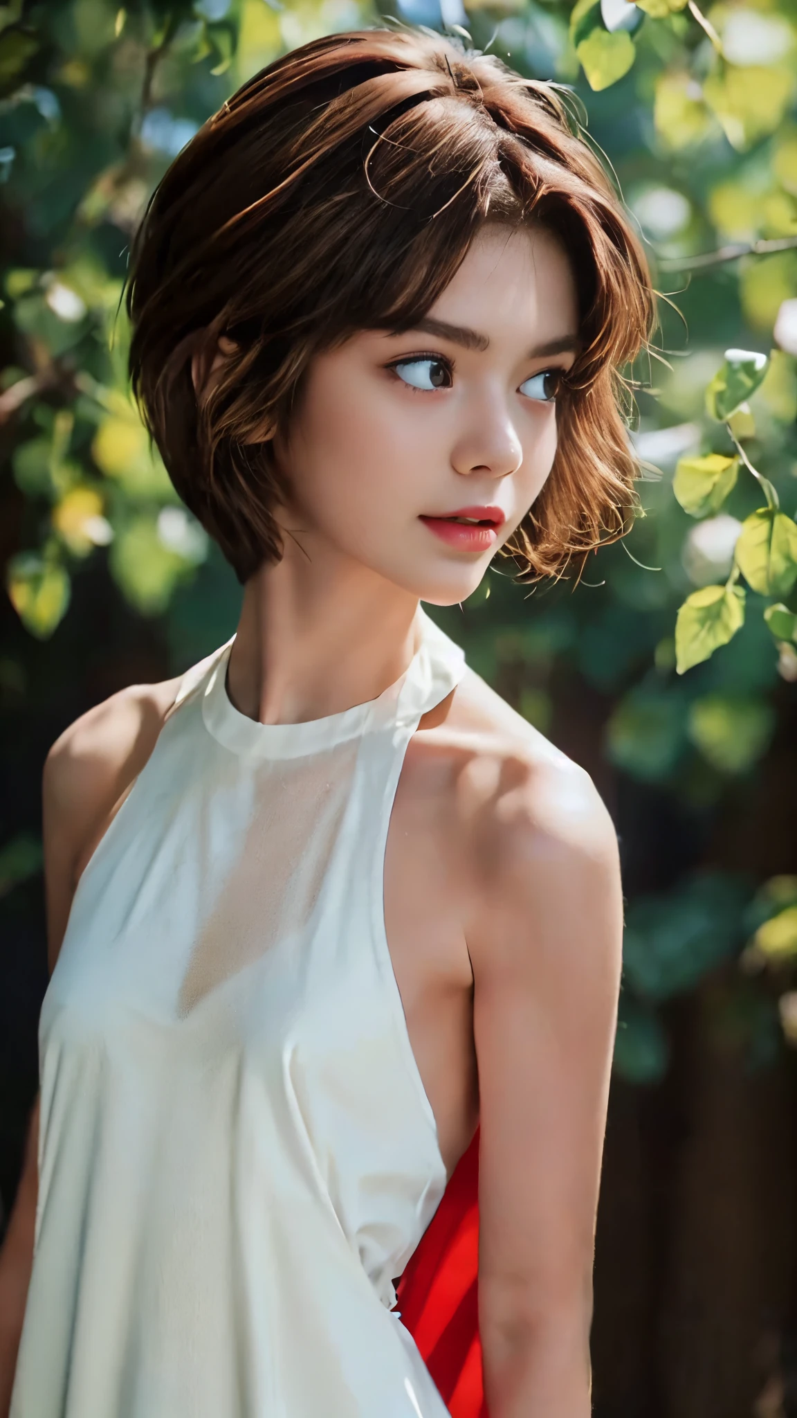 perfect accurate white teeth, very young girl, alisa, loose minidress, red dress, sexy dress, see-through transparent dress, perfect small breasts, (short brown hair:1.4), disheveled hair, (perfect light brown eyes:1.4), big brightness eyes, 16k, masterpiece, realistic style, outdoors, perfect fingers