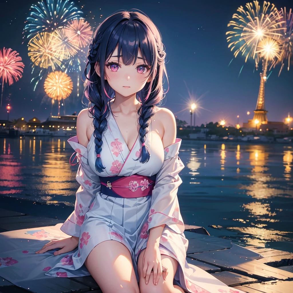 (Sky Blue Medium Hair:1.2), (Braided Hair),(Pink Eyes),Fair skin ,(whole body),(1 girl)、Floral Yukata、summer night、Extra-large fireworks filling the night sky、Huge fireworks launched from the sea、Watching the fireworks while sitting next to each other、Straight bangs,(masterpiece, Highest quality, Very detailed, Best Shadow), (Detailed Background), (Beautifully detailed face), High Contrast, (Best lighting, Very delicate and beautiful), ((Cinematic Light)), colorful, Hyper Detail 8k, Dramatic Light, Intricate details,Fireworks reflected on the water surface、
