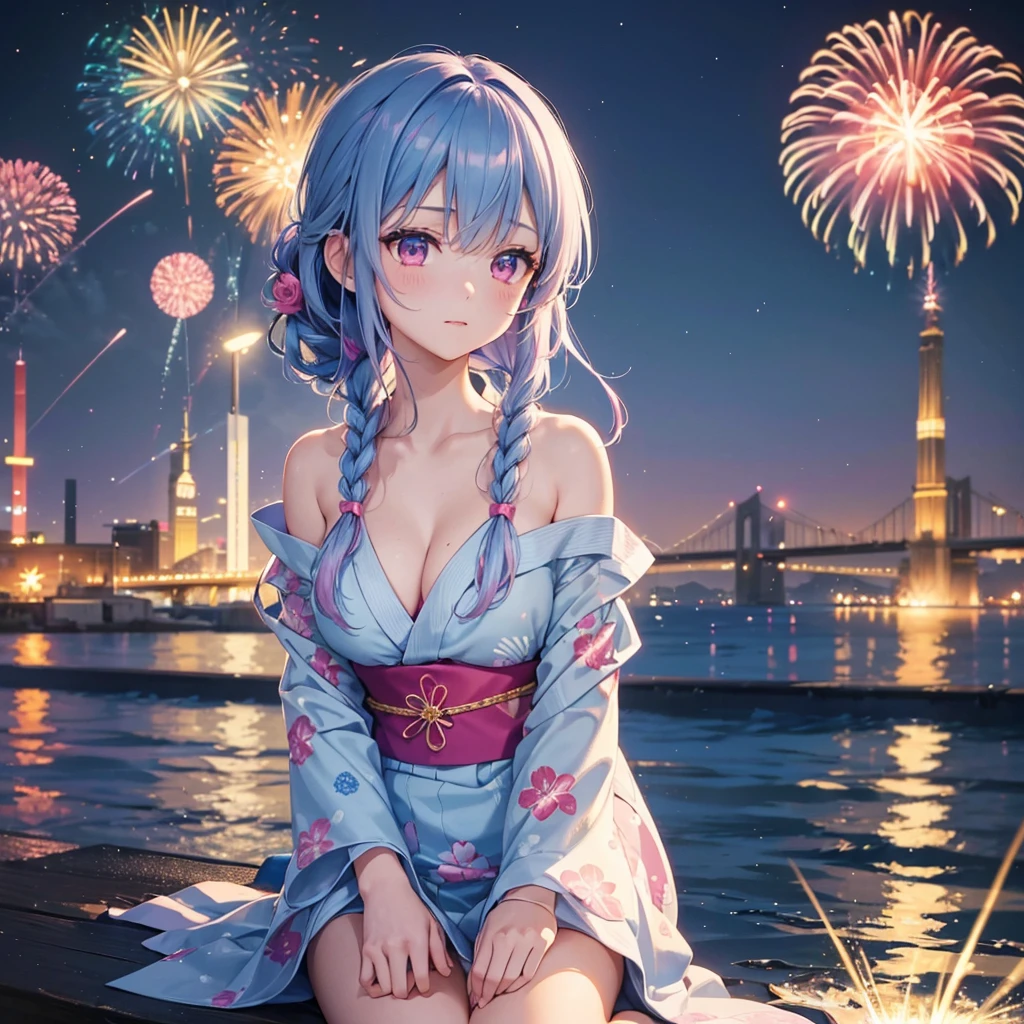 (Sky Blue Medium Hair:1.2), (Braided Hair),(Pink Eyes),Fair skin ,(whole body),(1 girl)、Floral Yukata、summer night、Extra-large fireworks filling the night sky、Huge fireworks launched from the sea、Watching the fireworks while sitting next to each other、Straight bangs,(masterpiece, Highest quality, Very detailed, Best Shadow), (Detailed Background), (Beautifully detailed face), High Contrast, (Best lighting, Very delicate and beautiful), ((Cinematic Light)), colorful, Hyper Detail 8k, Dramatic Light, Intricate details,Fireworks reflected on the water surface、