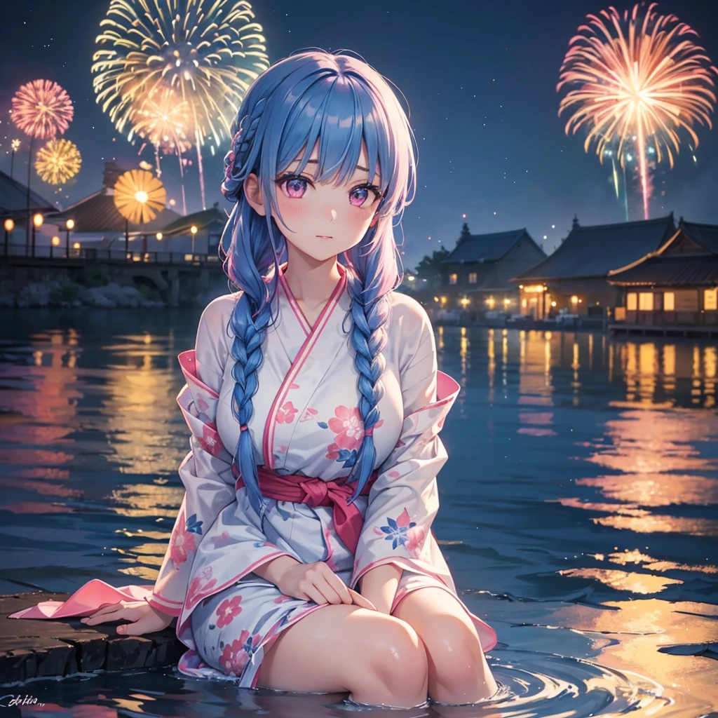 (Sky Blue Medium Hair:1.2), (Braided Hair),(Pink Eyes),Fair skin ,(whole body),(1 girl)、Floral Yukata、summer night、Extra-large fireworks filling the night sky、Huge fireworks launched from the sea、Watching the fireworks while sitting next to each other、Straight bangs,(masterpiece, Highest quality, Very detailed, Best Shadow), (Detailed Background), (Beautifully detailed face), High Contrast, (Best lighting, Very delicate and beautiful), ((Cinematic Light)), colorful, Hyper Detail 8k, Dramatic Light, Intricate details,Fireworks reflected on the water surface、