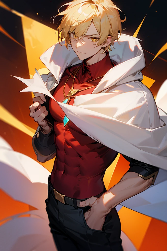 blonde hair, gold eyes, beautiful male, yellow eyes, start sky, 8k resolution, sky, galaxy, young male, serious face, short hair, black shirt, cowboy shot, glowing red gem necklace, smile, red gem on chest, mature, lean build, muscular,red shirt, red gem necklace,no lazy eye, phone in hand, white beanie, white fur coat, hoodie on, black pants
