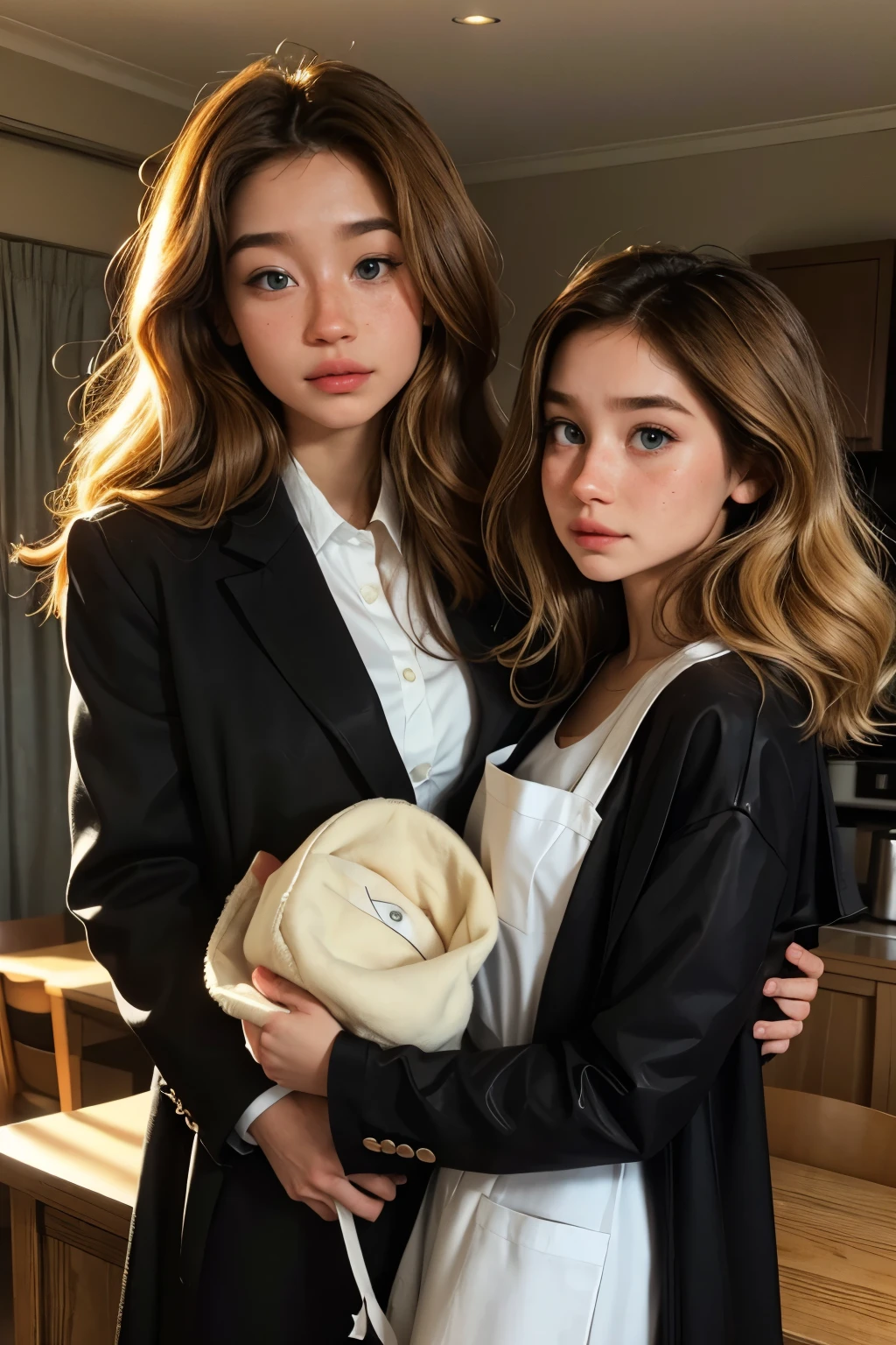 Create images for a romance book cover of two young people in love with their arms crossed, The girl is white with brown eyes and has freckles, has long, brown, curly hair, is wearing a yellow waitress uniform, she is holding a pacifier in her hand. The boy has white but tanned skin and blue eyes., has blonde hair down to his jaw, is wearing formal clothes and a black overcoat, are in the background at dawn 