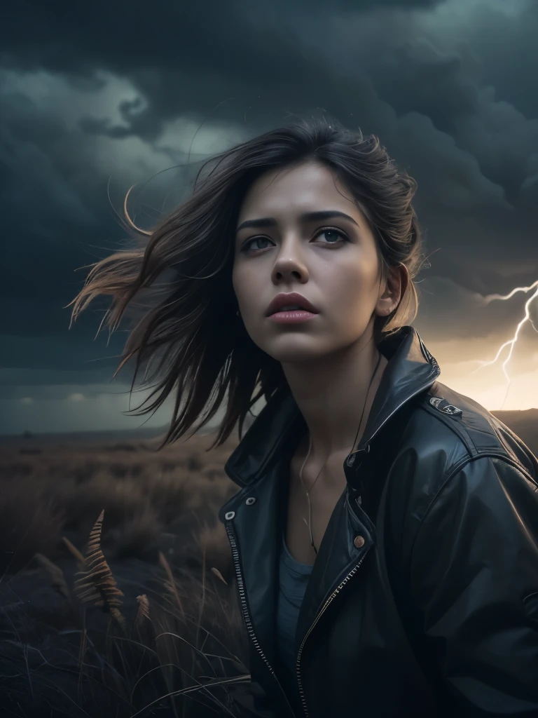 a melancholic girl in an empty field, dramatic lighting, cinematic atmosphere, 1girl, detailed face, beautiful eyes and lips, delicate tears, loneliness, despair, desolate landscape, dramatic clouds, moody lighting, muted colors, (best quality,4k,8k,highres,masterpiece:1.2),ultra-detailed,(realistic,photorealistic,photo-realistic:1.37),dramatic composition, moody atmosphere, cinematic lighting, emotional, digital painting, surreal, atmospheric. Lightning.