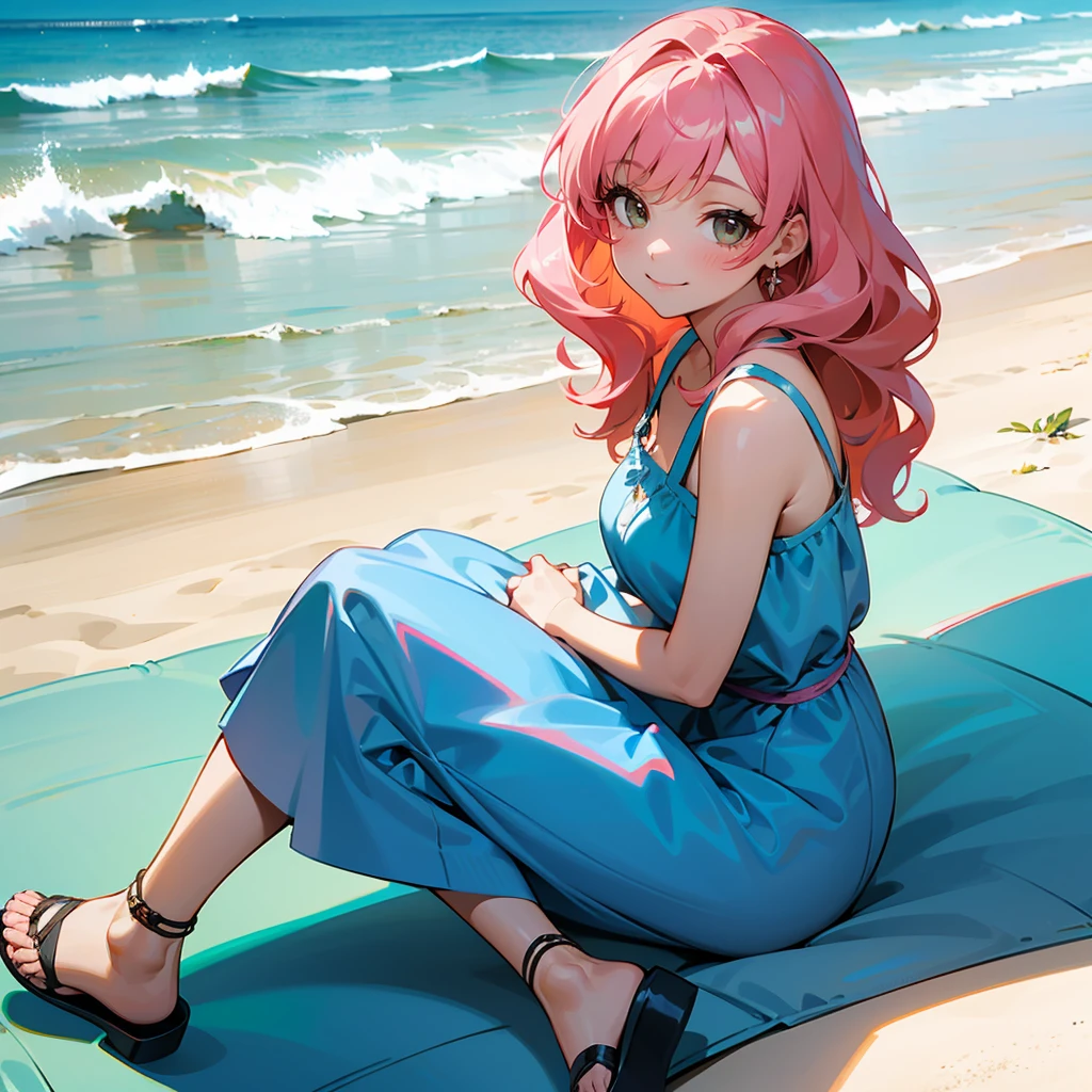1female, Pink Hair, Blue Sundress, Wavy Hair, White Sandals, Casual Attire, Hazel Eyes, Smiling, Lean, Guide, Adult Female, Beach, Sitting by the Shore
