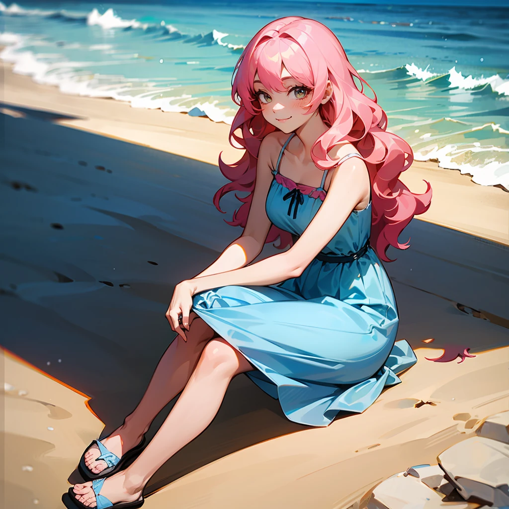 1female, Pink Hair, Blue Sundress, Wavy Hair, White Sandals, Casual Attire, Hazel Eyes, Smiling, Lean, Guide, Adult Female, Beach, Sitting by the Shore