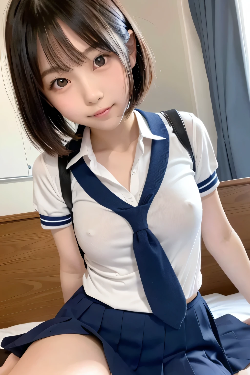 (Cute Japanese Girls), y 18 year old girl, (The cutest faces), Thin chest, Thin thighs, short hair, On the bed, (((school uniform))), ((sexose)), (((orgasm