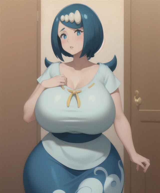 (best quality), (masterpiece), 1 girl, early 20's, huge heavy breasts, busty, massive breasts, thick, thick lips, wide hips, thin waist, lanamother, long hair, hair ornament, shirt, short sleeves, blue and white skirt