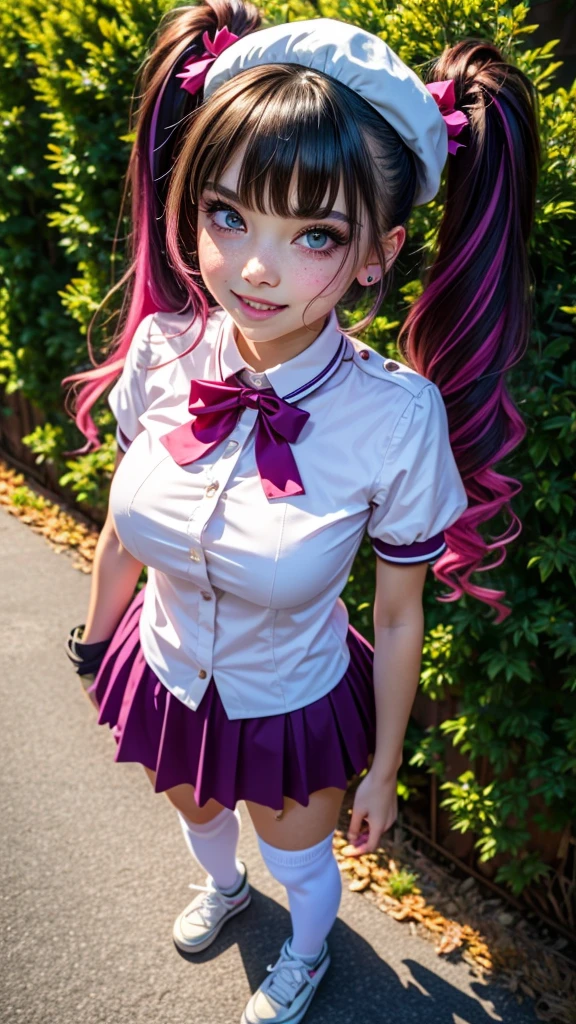 absurdres, highres, ultra detailed, smile,open mouth,standing, looking at viewer,tracen , summer uniform, serafuku, puffy short sleeves, bowtie, horseshoe ornament, sailor collar, sailor shirt, frills, white skirt, purple shirt, miniskirt, zettai ryouiki, white thighhighs, brown footwear, shoes,viblos \(umamusume\),twintails, brown hair, long hair, hat,large breasts, purple eyes, multicolored hair, ear ornament, hair ribbon,