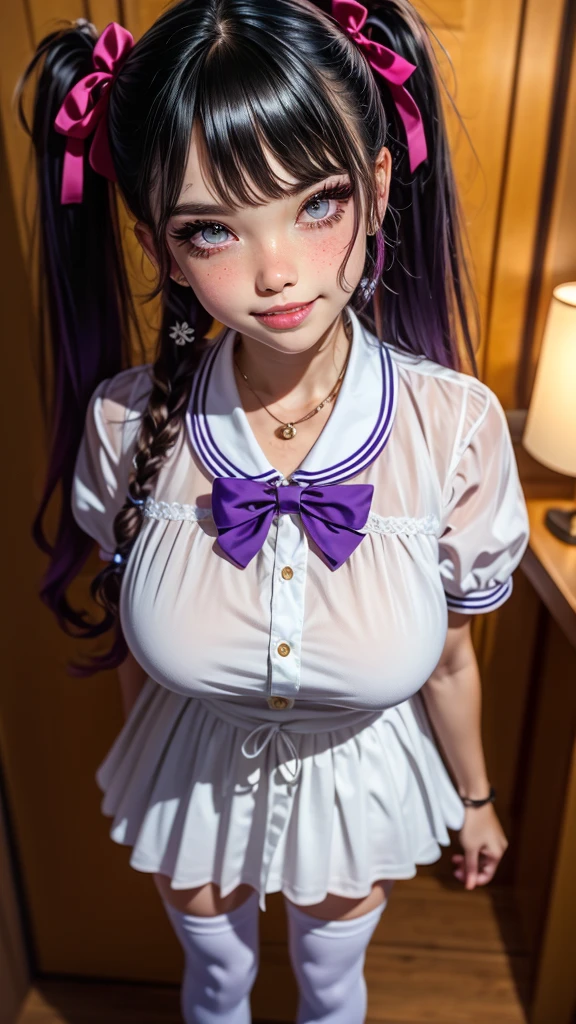 absurdres, highres, ultra detailed, smile,open mouth,standing, looking at viewer,tracen , summer uniform, serafuku, puffy short sleeves, bowtie, horseshoe ornament, sailor collar, sailor shirt, frills, white skirt, purple shirt, miniskirt, zettai ryouiki, white thighhighs, brown footwear, shoes,viblos \(umamusume\),twintails, brown hair, long hair, hat,large breasts, purple eyes, multicolored hair, ear ornament, hair ribbon,