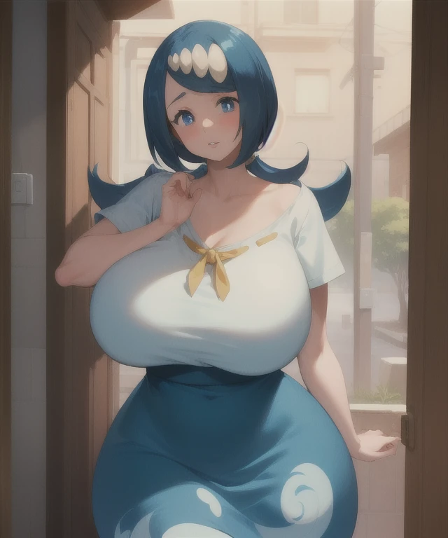 (best quality), (masterpiece), 1 girl, early 20's, huge heavy breasts, busty, massive breasts, thick, thick lips, wide hips, thin waist, lanamother, long hair, hair ornament, shirt, short sleeves, blue and white skirt