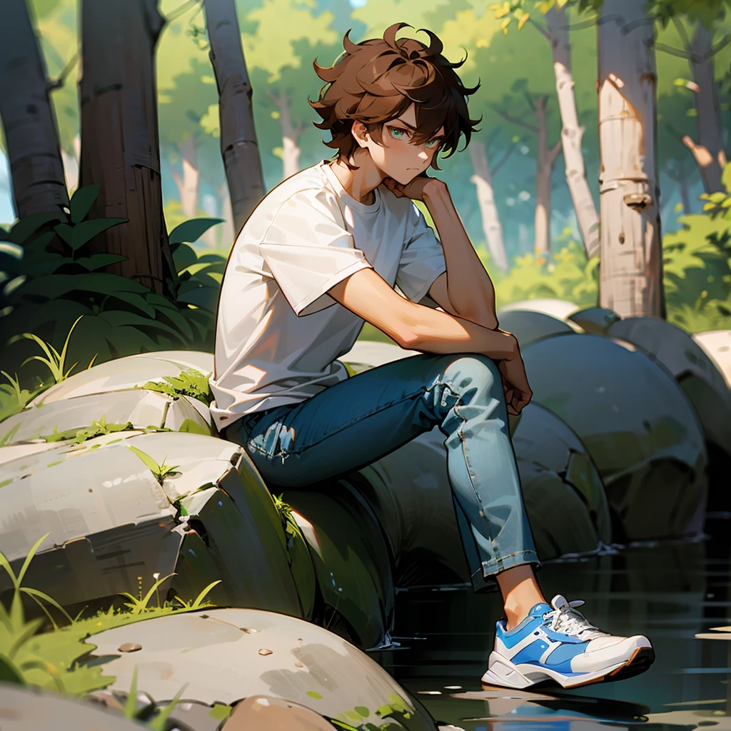 1male, Brown Hair, White T-shirt, Messy Hair, Blue Jeans, Sneakers, Amber Eyes, Serious Expression, Tall, Regular Ranker, Young Male, Forest, Sitting on a Rock