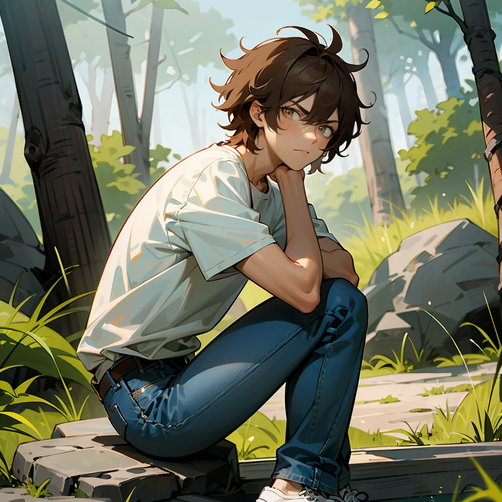 1male, Brown Hair, White T-shirt, Messy Hair, Blue Jeans, Sneakers, Amber Eyes, Serious Expression, Tall, Regular Ranker, Young Male, Forest, Sitting on a Rock