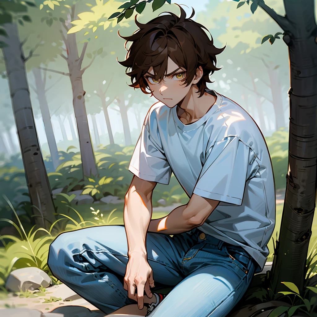 1male, Brown Hair, White T-shirt, Messy Hair, Blue Jeans, Sneakers, Amber Eyes, Serious Expression, Tall, Regular Ranker, Young Male, Forest, Sitting on a Rock