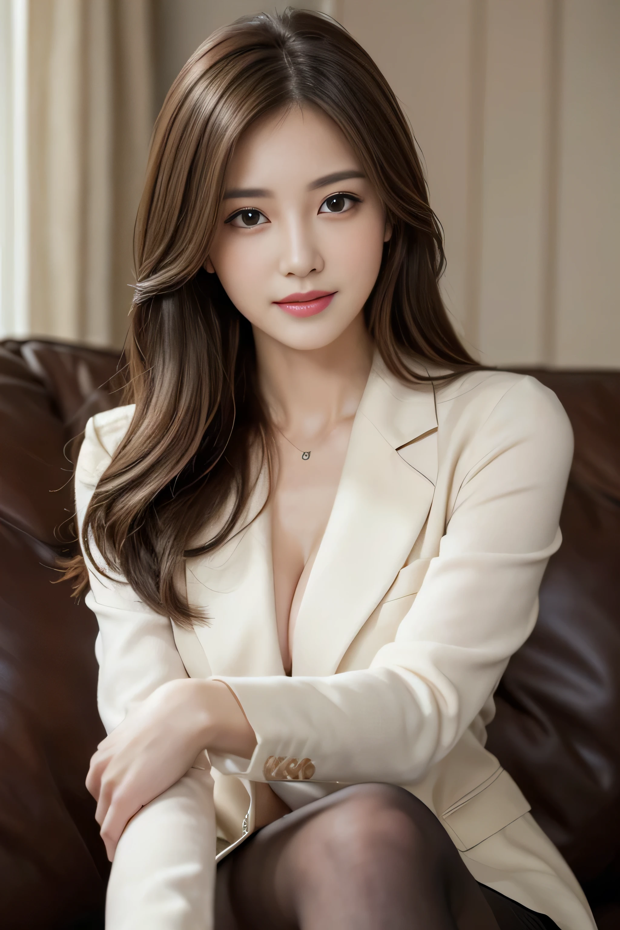 Highest quality、Genuine、Very detailed、finely、High resolution、8k wallpaper、Beautiful woman、、、Light brown messy hair、Wearing a suit、Clear focus、Perfect dynamic composition、Beautiful and delicate eyes、Thinning hair、Detailed Genuine skin texture、smile、model diagram，Sitting on the couch，living room