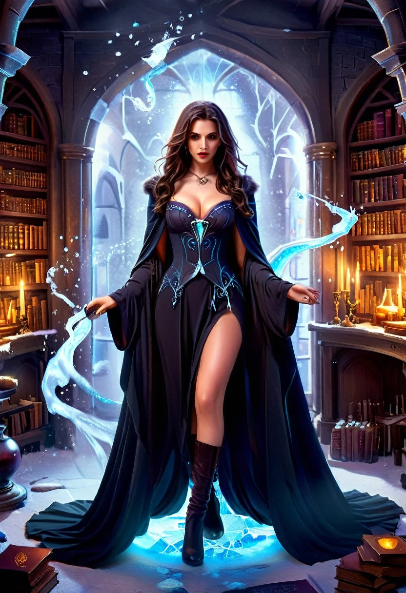 a sorceress casting a IceMagicAII spell in magical library exquisite beautiful human woman ((full body shot: 1.5)), ((anatomically correct: 1.5)) (ultra detailed face: 1.2), dynamic skin complexion, dynamic hair style, dynamic hair color,  she is wearing a long dark dress, intricate dark dress, small cleavage, long white cloak, (high heeled boots: 1.3), manipulating icy magic, controlling icy runes,  fantasy magical laboratory, books, potions, and magical study items,  background,  vibrant, Ultra-high resolution, High Contrast, (masterpiece:1.5), highest quality, Best aesthetics), best details, best quality, highres, 16k, [ultra detailed], masterpiece, best quality, (extremely detailed) RAW, fantasy art, dnd art, fantasy art, realistic art,  (ultra details, Masterpiece, best quality), IceMagicAI, Cinematic Hollywood Film, Intense gaze