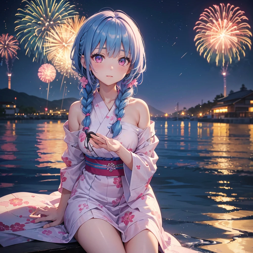 (Sky Blue Medium Hair:1.2), (Braided Hair),(Pink Eyes),Fair skin ,(whole body),(1 girl)、Floral Yukata、summer night、Extra-large fireworks filling the night sky、Huge fireworks launched from the sea、Watching the fireworks while sitting next to each other、Straight bangs,(masterpiece, Highest quality, Very detailed, Best Shadow), (Detailed Background), (Beautifully detailed face), High Contrast, (Best lighting, Very delicate and beautiful), ((Cinematic Light)), colorful, Hyper Detail 8k, Dramatic Light, Intricate details,Fireworks reflected on the water surface、