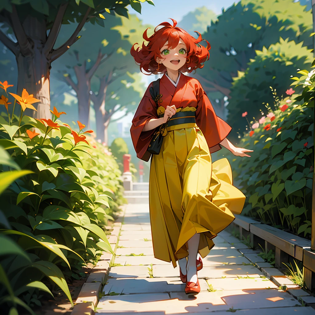 1female, Red Hair, Yellow Hanbok, Curly Hair, Red Flats, Traditional Korean Attire, Green Eyes, Laughing, , Princess, Adult Female, Garden, Walking along a Path