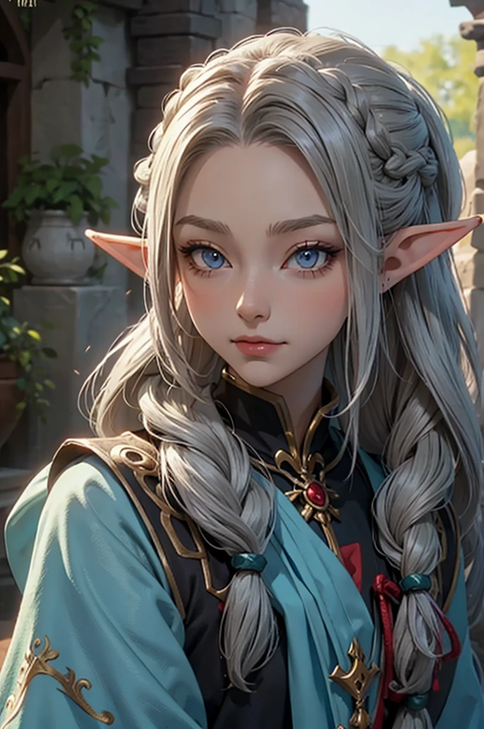 tanned elf, dark elf, braid, tied hair, long hair, ponytail, jester, male cute young boy, . cute, enface, adventurer, medieval, mmo, portrait, bakara jurgen clothes
