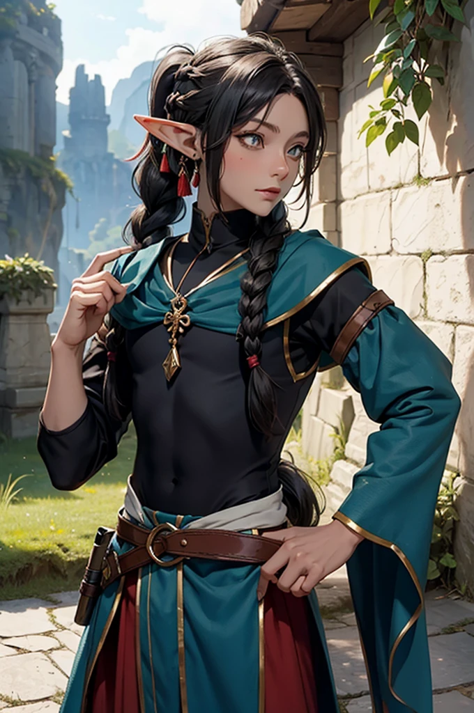 tanned elf, dark elf, braid, tied hair, long hair, ponytail, jester, male cute young boy, . cute, enface, adventurer, medieval, mmo, portrait, bakara jurgen clothes
