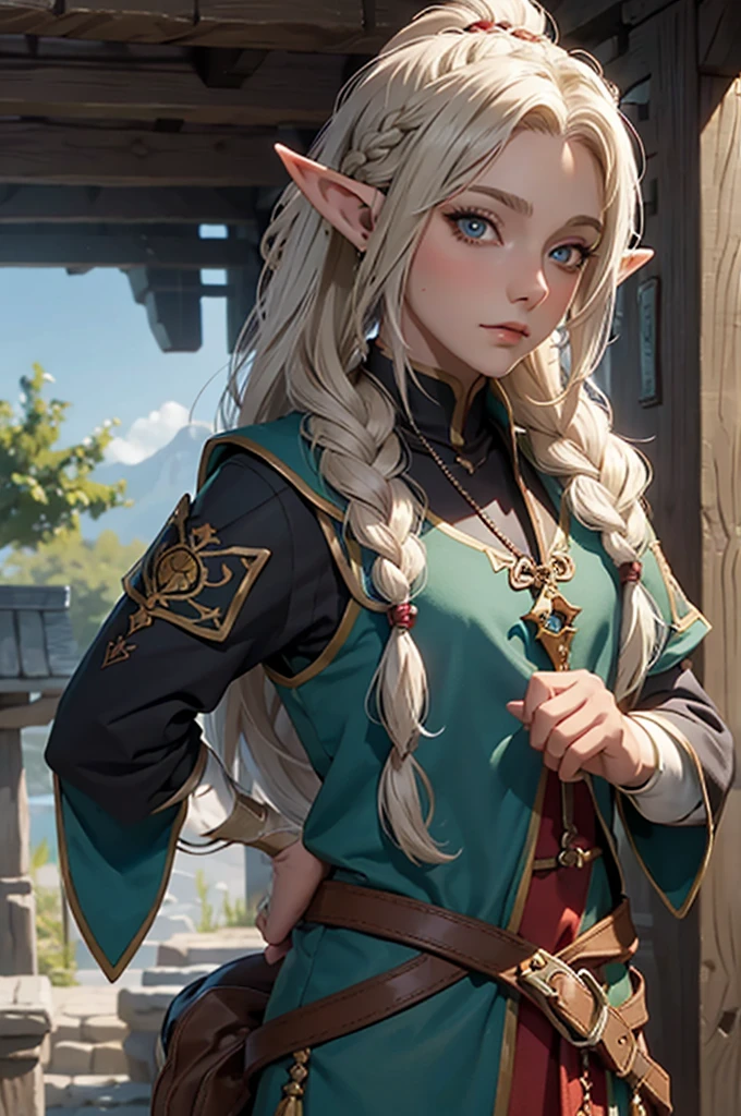 tanned elf, dark elf, braid, tied hair, long hair, ponytail, jester, male cute young boy, . cute, enface, adventurer, medieval, mmo, portrait, bakara jurgen clothes
