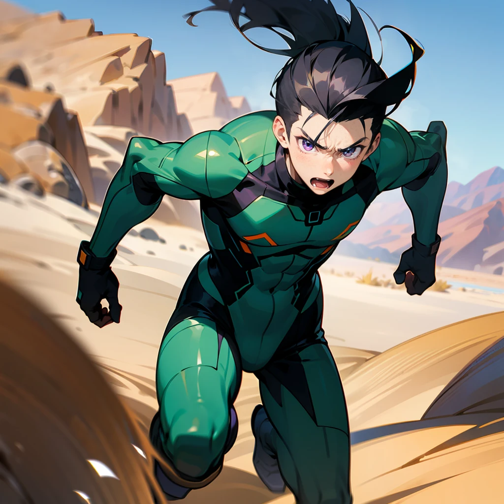 1male, Black Hair, Green Combat Suit, Slick Back Hair, Black Boots, Tactical Attire, Purple Eyes, Determined Expression, Athletic, High Ranker, Adult Male, Desert, Running on the Sand
