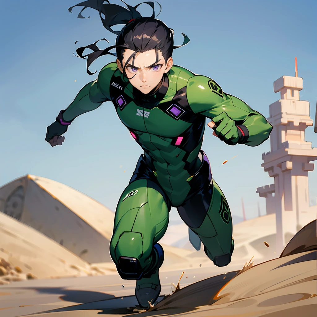 1male, Black Hair, Green Combat Suit, Slick Back Hair, Black Boots, Tactical Attire, Purple Eyes, Determined Expression, Athletic, High Ranker, Adult Male, Desert, Running on the Sand