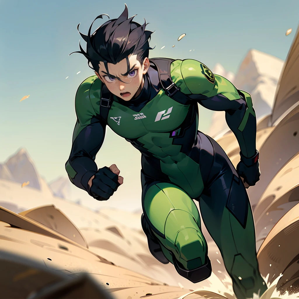 1male, Black Hair, Green Combat Suit, Slick Back Hair, Black Boots, Tactical Attire, Purple Eyes, Determined Expression, Athletic, High Ranker, Adult Male, Desert, Running on the Sand
