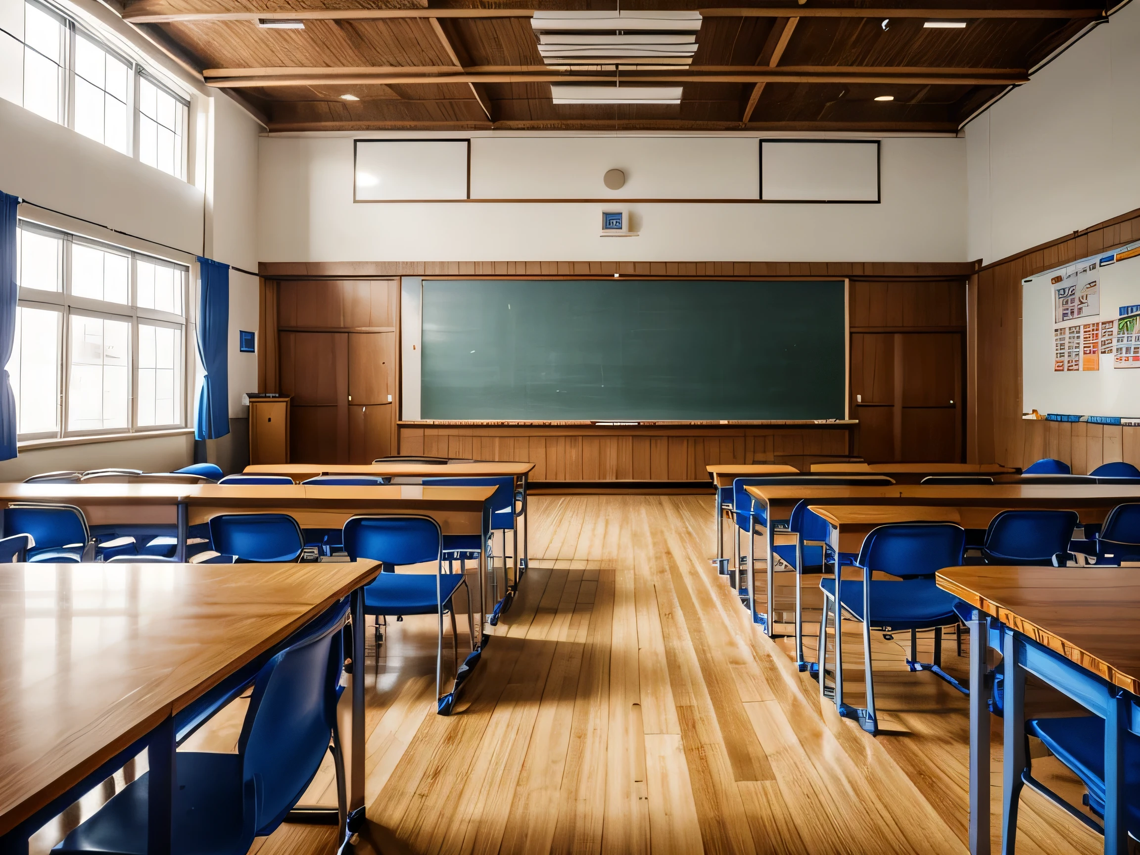 there are many blue chairs in a room with wooden floors, lecture halls and gambling dens, photo of a classroom, big hall, wide portrait, academia, classroom, large hall, panels, interior photograph, school classroom, interior, classroom in background, college, high school, beautiful image, interior view, spacious, school, technical, vibrant and dynamic, typical anime classroom