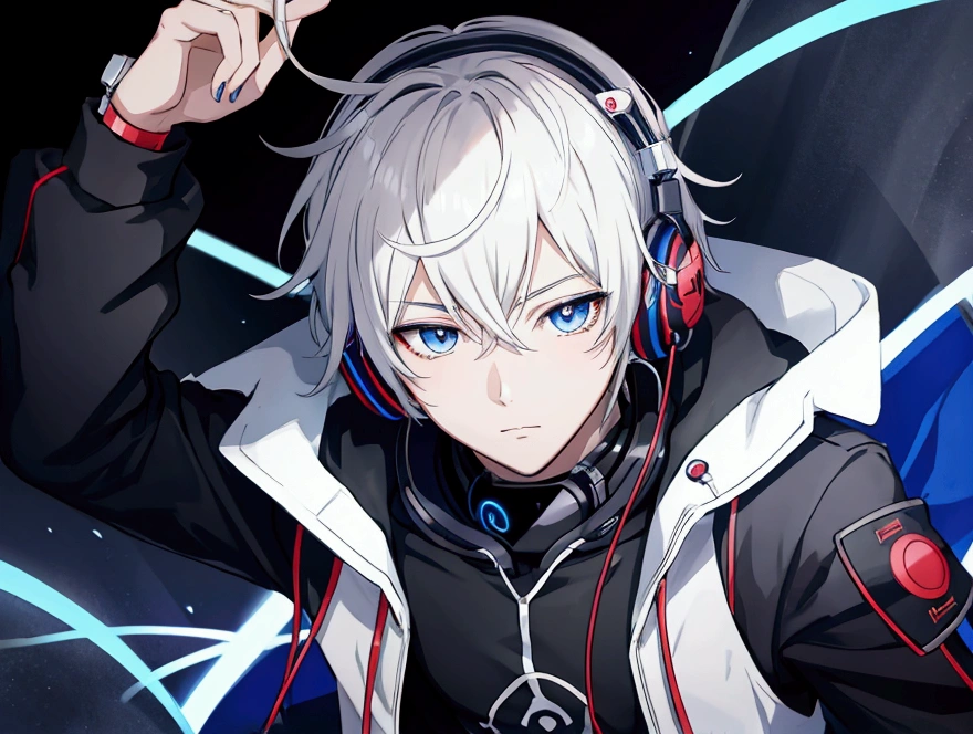 an anime boy eletric, with headphones, listenning music, gaming.