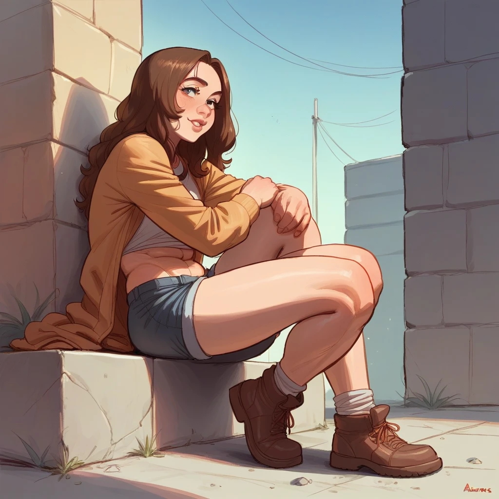 Hot girl sitting on a wall, robust body with thick pears
