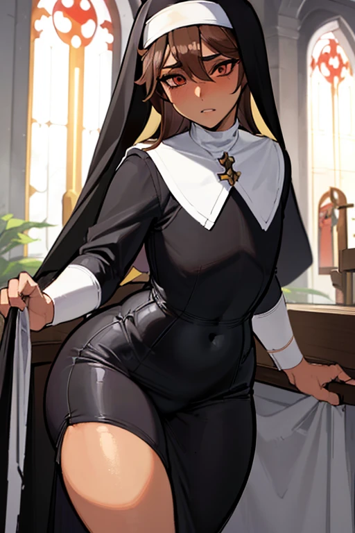 ((anime boy)), ((crossdresser)), (((1boy)))), (((solo))), ((((alone)))) medium dark brown hair, red eyes, ((((brown skin)))), wide hips, narrow waist, thick thighs, flustered, brushing, standing in a church, ((flat chest)), long skirt, shirt, (((skin tight black nun outfit))), in a suggestive pose