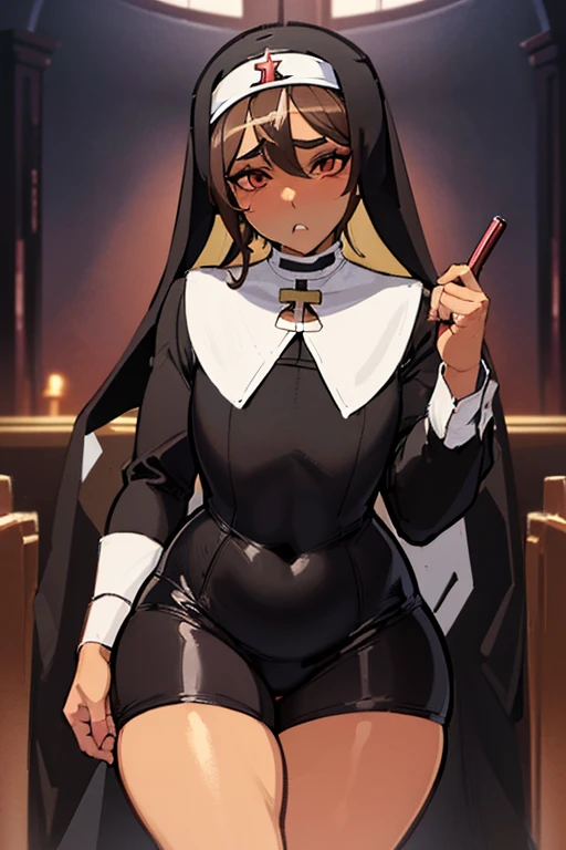 ((anime boy)), ((crossdresser)), (((1boy)))), (((solo))), ((((alone)))) medium dark brown hair, red eyes, ((((brown skin)))), wide hips, narrow waist, thick thighs, flustered, brushing, standing in a church, ((flat chest)), long skirt, shirt, (((skin tight black nun outfit))), in a suggestive pose