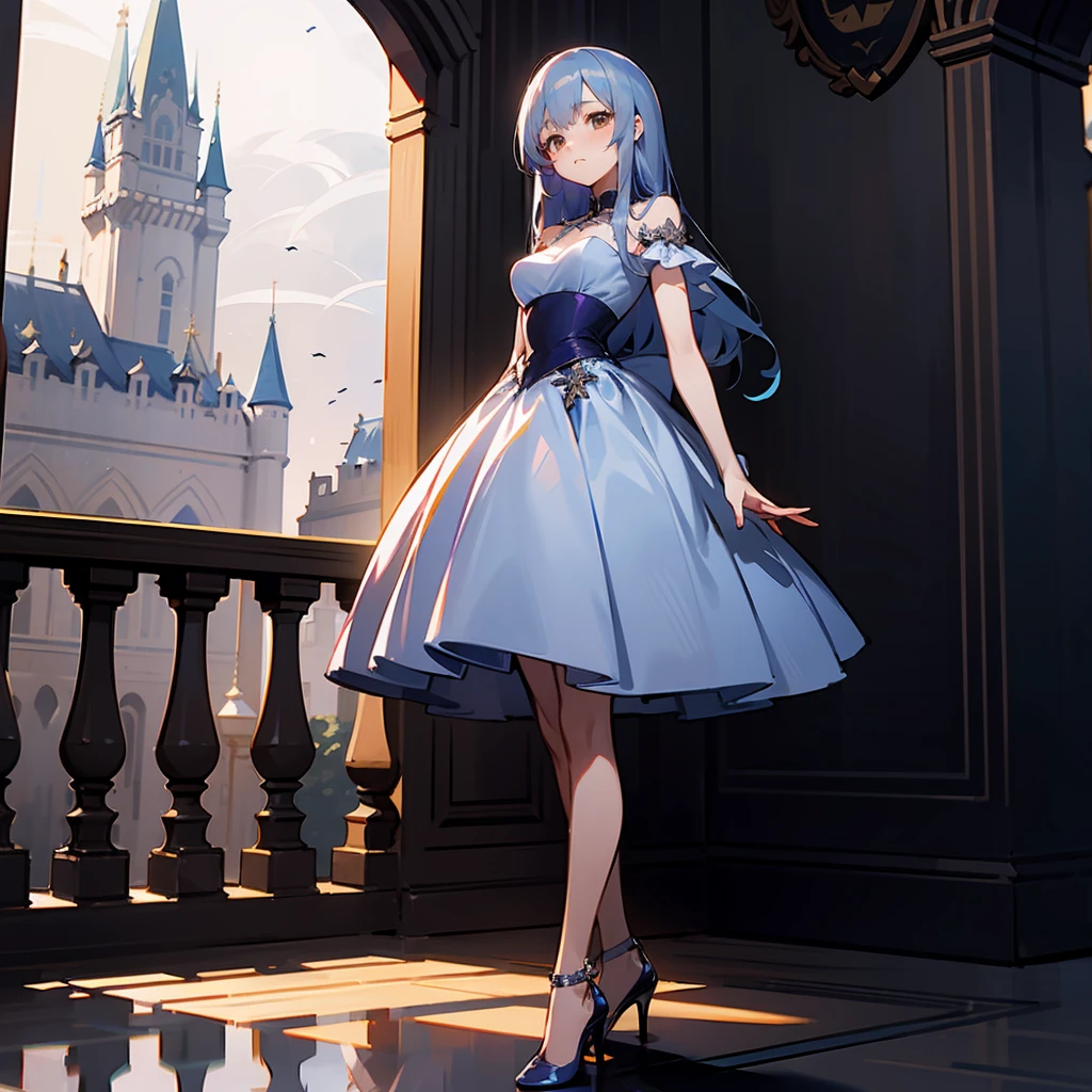 1female, Blue Hair, Purple Ball Gown, Straight Hair, Silver Heels, Elegant Attire, Brown Eyes, Sad Expression, Slender, Wave Controller, Adult Female, Castle, Standing on a Balcony