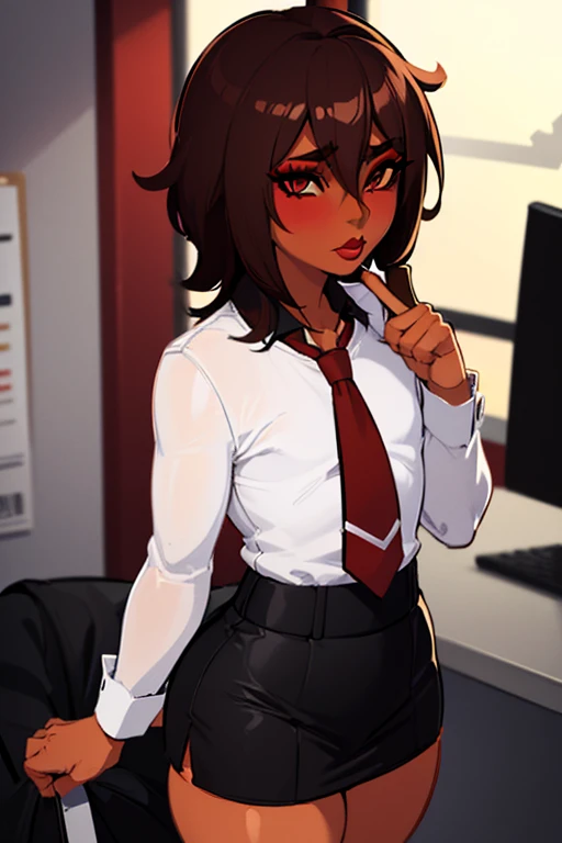 ((anime boy)), ((crossdresser)), (((1boy)))), (((solo))), ((((alone)))) medium dark brown hair, red eyes, ((((brown skin)))), wide hips, narrow waist, thick thighs, standing in a office, ((flat chest)), short skirt, visible bulge, closed shirt, red tie, ((makeup)), ((red lipstick)), (((black office outfit))).