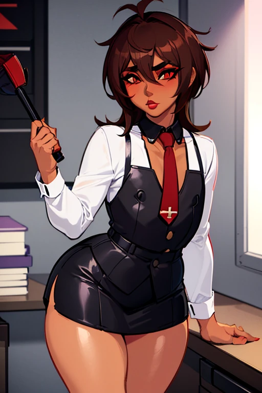 ((anime boy)), ((crossdresser)), (((1boy)))), (((solo))), ((((alone)))) medium dark brown hair, red eyes, ((((brown skin)))), wide hips, narrow waist, thick thighs, standing in a office, ((flat chest)), short skirt, visible bulge, closed shirt, red tie, ((makeup)), ((red lipstick)), (((black office outfit))).